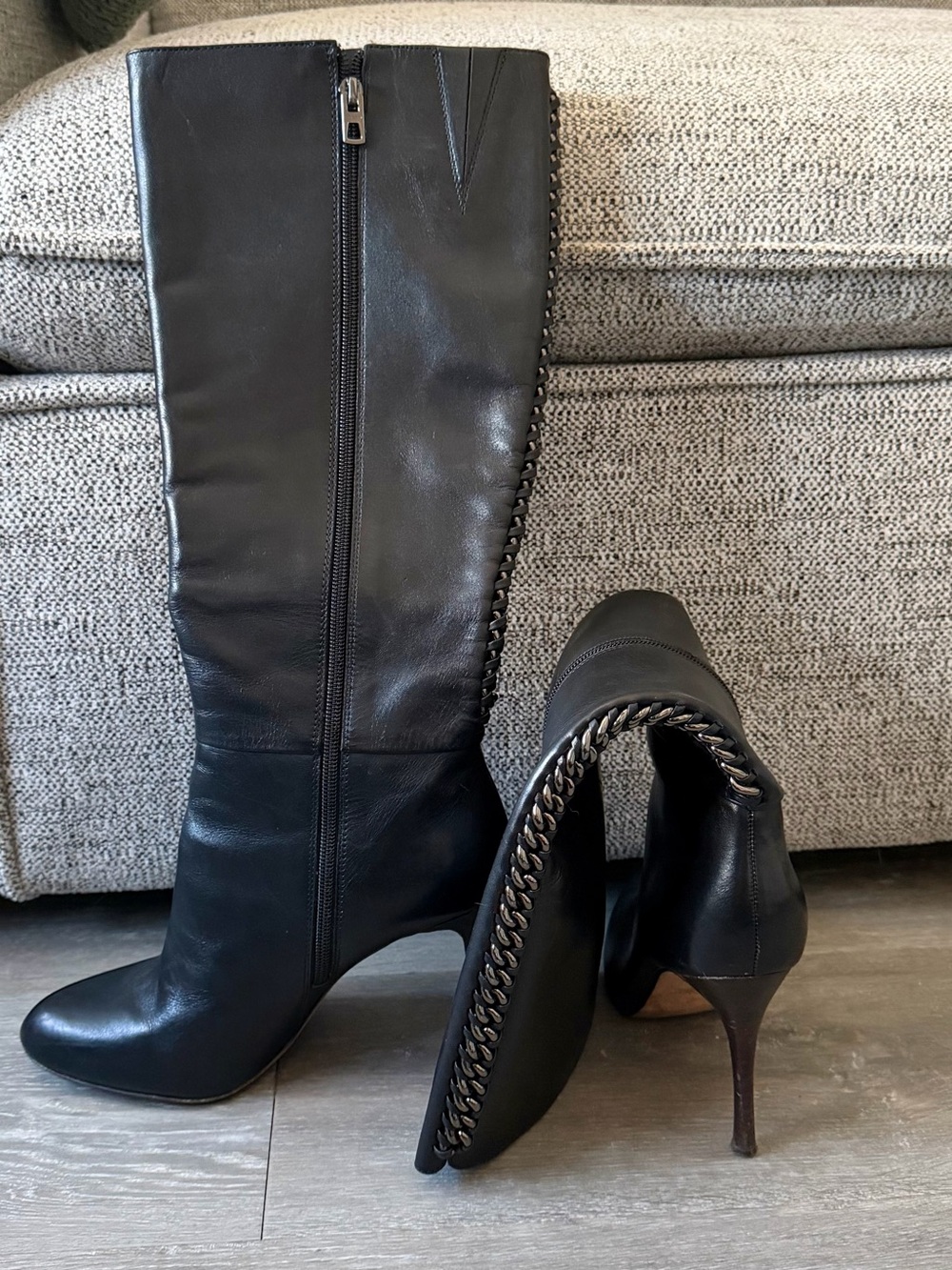 Women's Coach Black Leather Knee-High Heeled Boots with Chain Trim